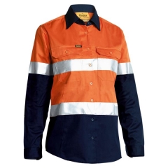 Bisley - Women's Taped Hi Vis Cool Lightweight Drill Shirt - Orange/Navy