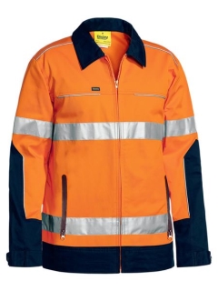 Bisley - Two Tone Hi Vis Liquid Repellent Cotton Drill Jacket - Orange / Navy