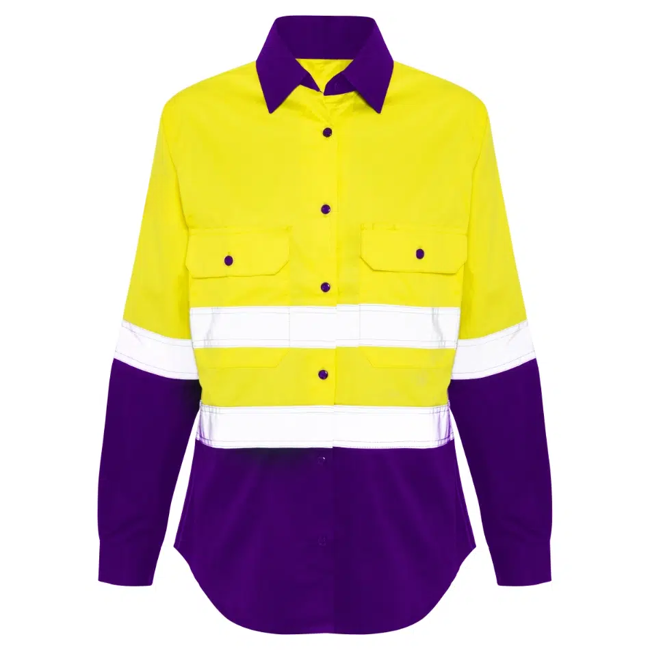 Captain - Taped Cool Breathe Ladies Hi Vis Work Shirt - Yellow/Purple
